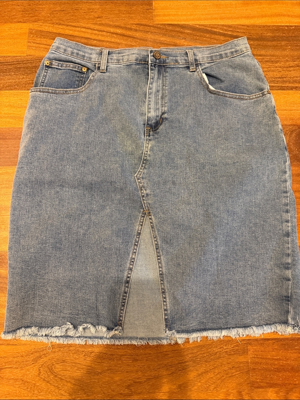 Denim Pencil Skirt with Front Vent - Light Blue